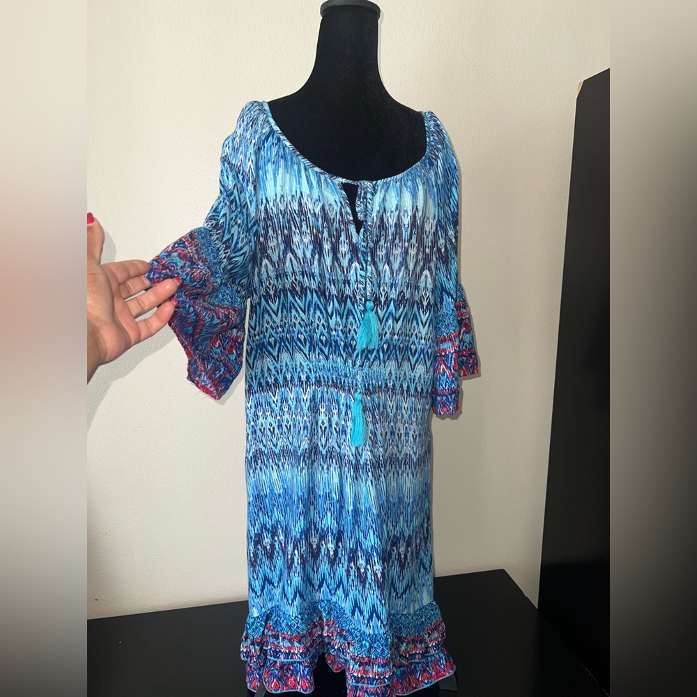 Bohemian Ikat Pattern Summer Resort Peasant Shift Dress W/Tassel Ties Sz‎ 16